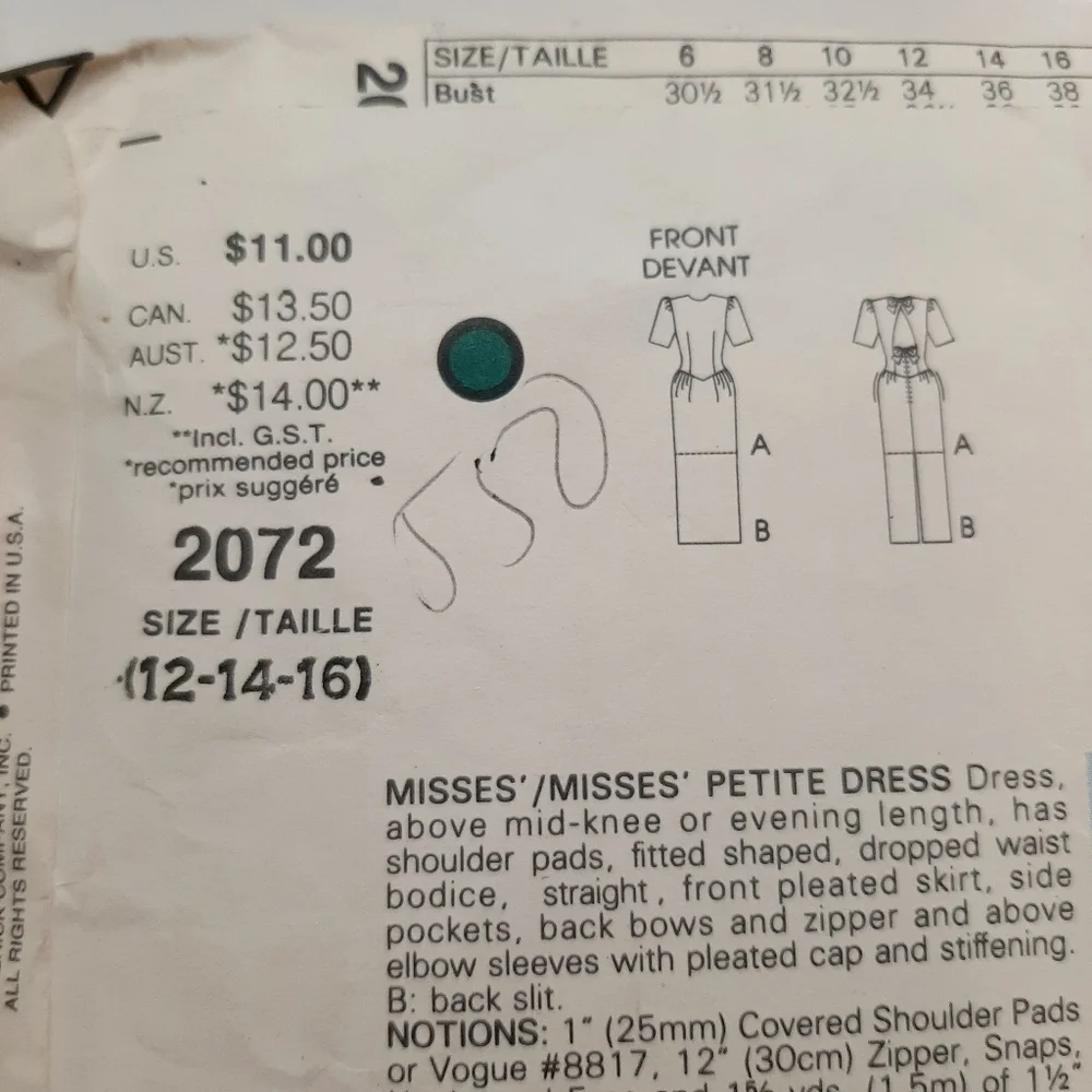 VTG 1988 VOGUE DRESS PATTERN # 2072